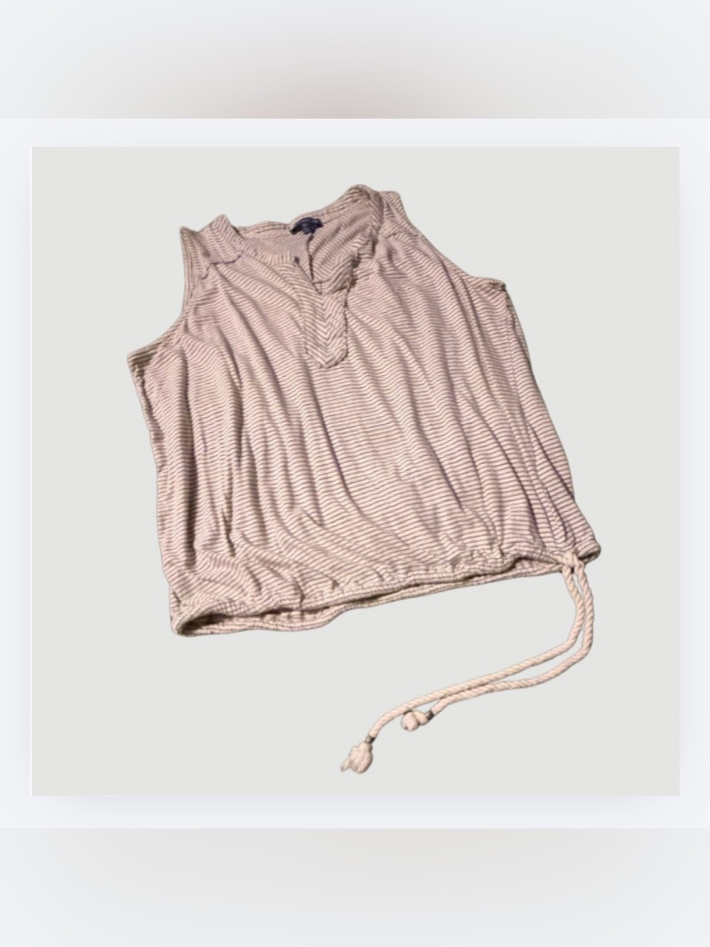 Democracy Cream & Grey Striped Sleeveless Top with Drawstring at Waist, Size XL